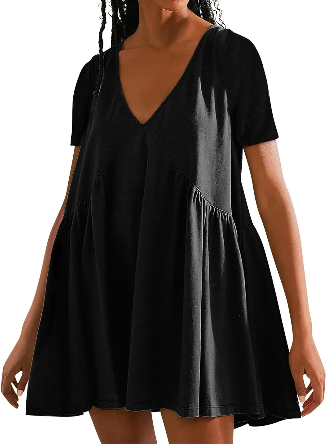 hlysgo Summer Dresses for Women 2024 Casual Loose Fit Short Sleeve V Neck Mini Dress Trendy Swing Pleated Babydoll Dress