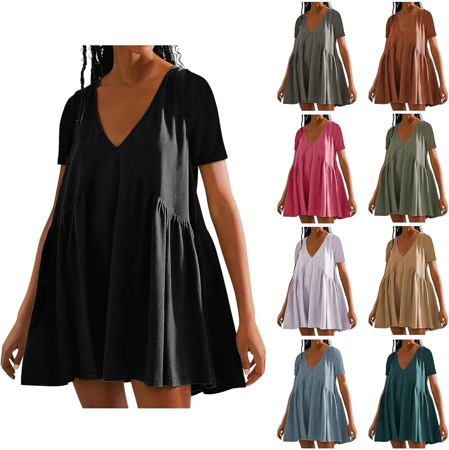 hlysgo Summer Dresses for Women 2024 Casual Loose Fit Short Sleeve V Neck Mini Dress Trendy Swing Pleated Babydoll Dress