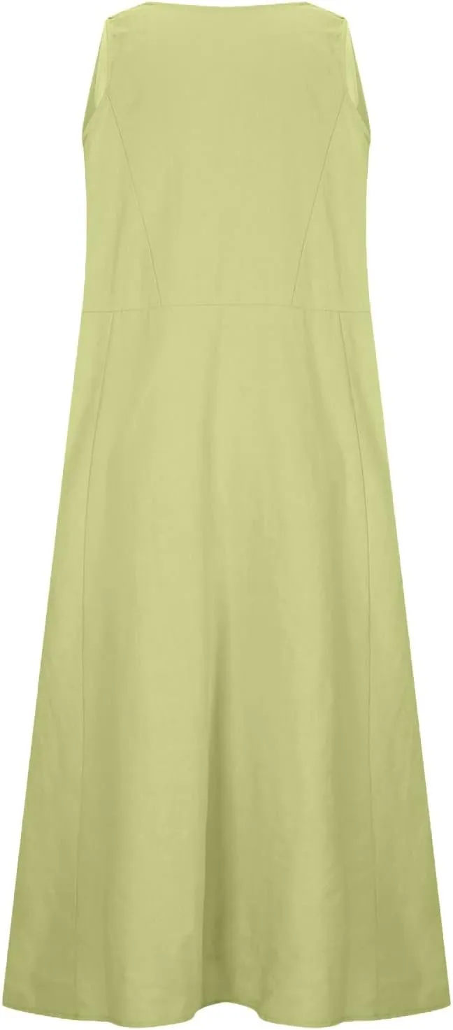 hlysgo Summer Dresses for Women 2024 Vacation Trendy Cotton Linen Beach Sundress with Pockets Casual Sleeveless Flowy Dress