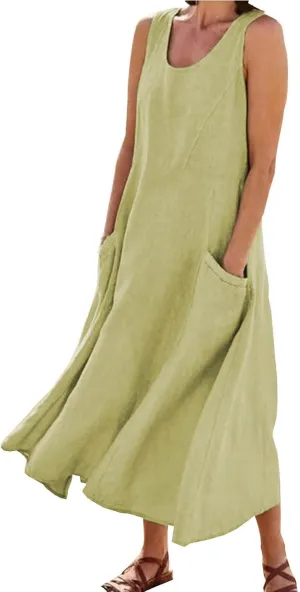 hlysgo Summer Dresses for Women 2024 Vacation Trendy Cotton Linen Beach Sundress with Pockets Casual Sleeveless Flowy Dress