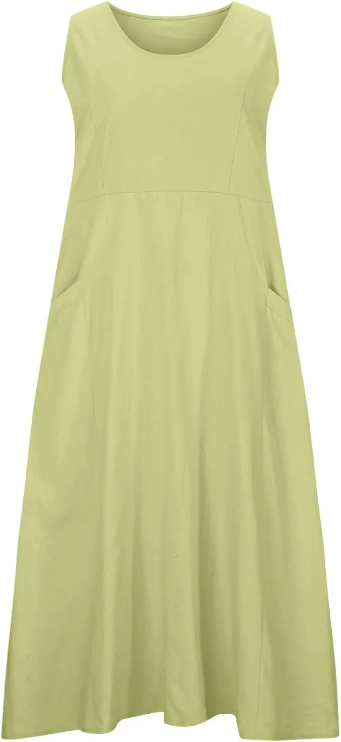 hlysgo Summer Dresses for Women 2024 Vacation Trendy Cotton Linen Beach Sundress with Pockets Casual Sleeveless Flowy Dress