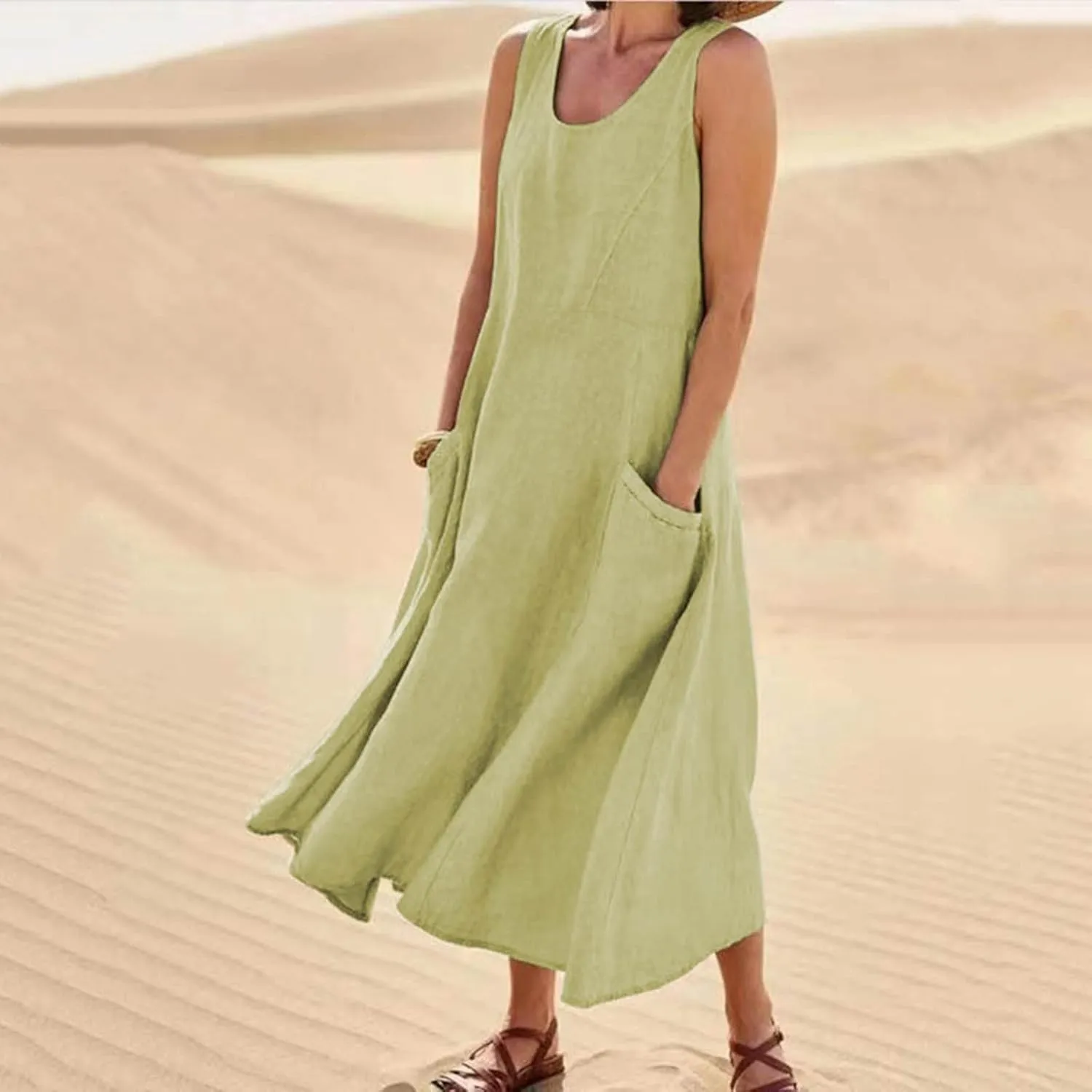 hlysgo Summer Dresses for Women 2024 Vacation Trendy Cotton Linen Beach Sundress with Pockets Casual Sleeveless Flowy Dress