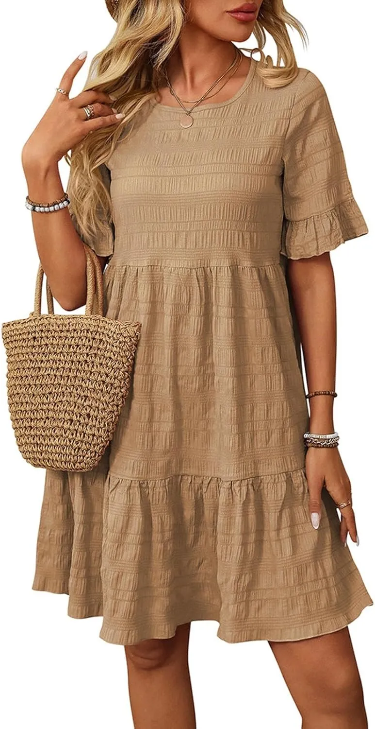hlysgo Summer Dresses for Women 2025 Ruffle Short Sleeve Boho Dress Casual Beach Sundress Solid Mini Dress