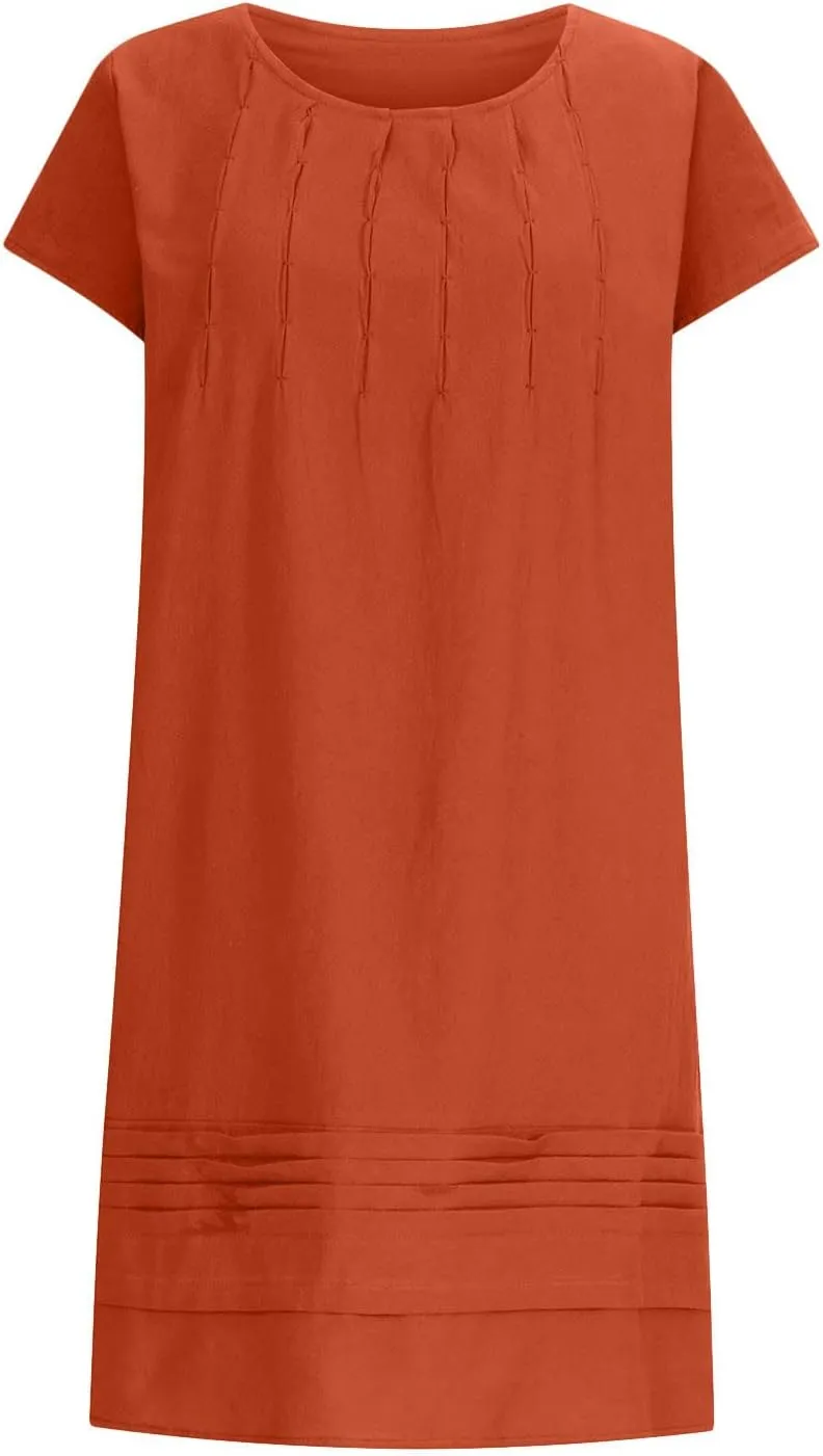 hlysgo Womens Casual Dresses 2025 Summer Loose Comfy Cotton Linen Pleated Dress Solid Short Sleeve Crew Neck Mini Dress