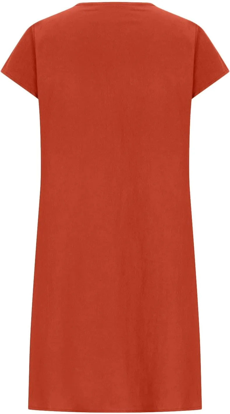 hlysgo Womens Casual Dresses 2025 Summer Loose Comfy Cotton Linen Pleated Dress Solid Short Sleeve Crew Neck Mini Dress