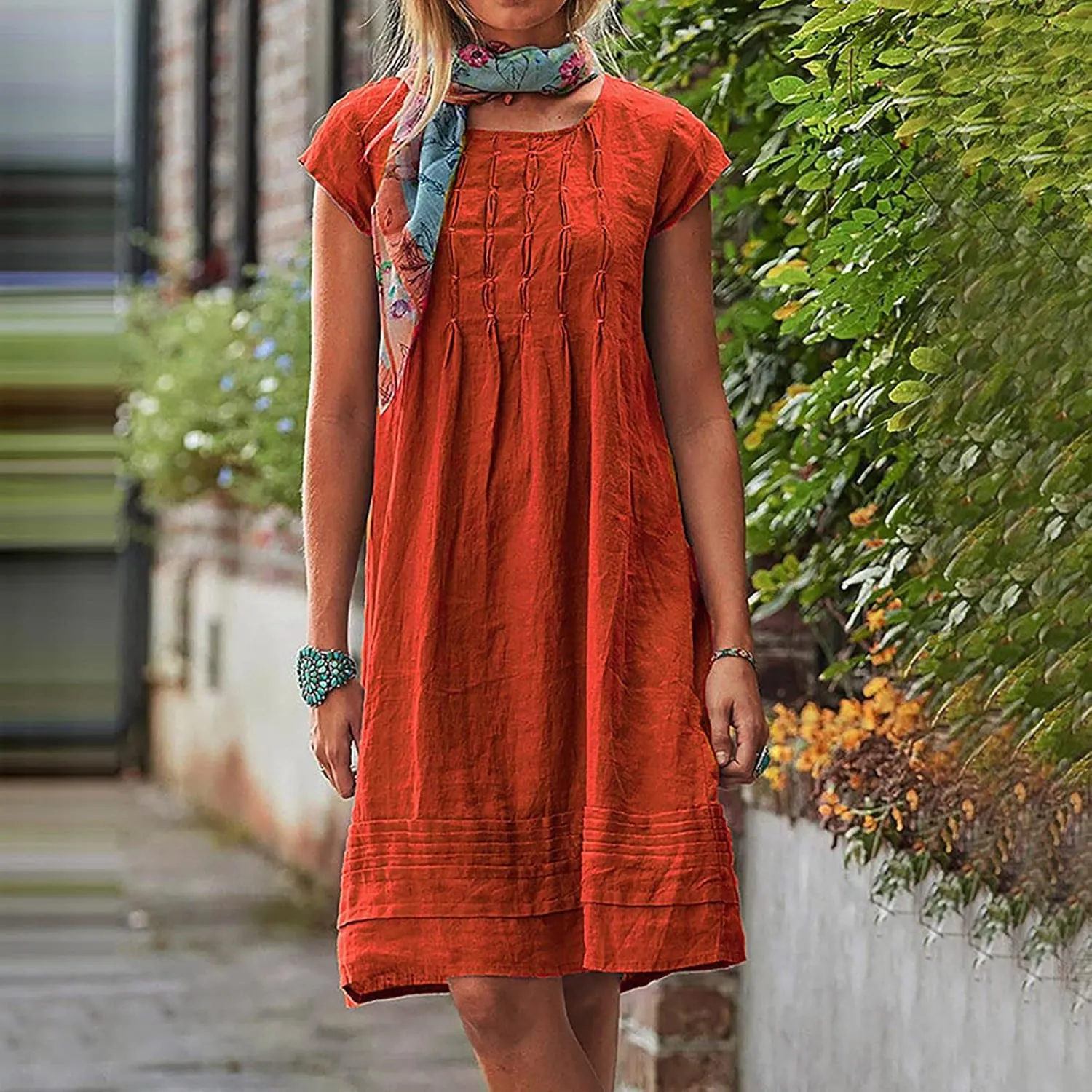 hlysgo Womens Casual Dresses 2025 Summer Loose Comfy Cotton Linen Pleated Dress Solid Short Sleeve Crew Neck Mini Dress