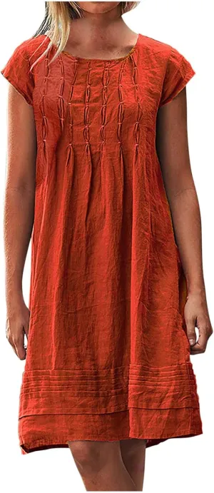 hlysgo Womens Casual Dresses 2025 Summer Loose Comfy Cotton Linen Pleated Dress Solid Short Sleeve Crew Neck Mini Dress