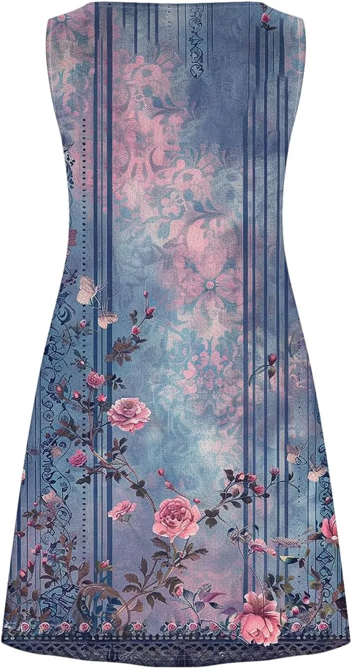 hlysgo Women's Casual Dresses 2025 Summer Sleeveless Crew Neck Mini Dress Ladies A-Line Flowy Beach Sundress with Pockets