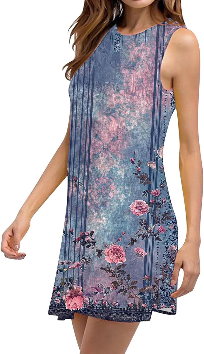 hlysgo Women's Casual Dresses 2025 Summer Sleeveless Crew Neck Mini Dress Ladies A-Line Flowy Beach Sundress with Pockets