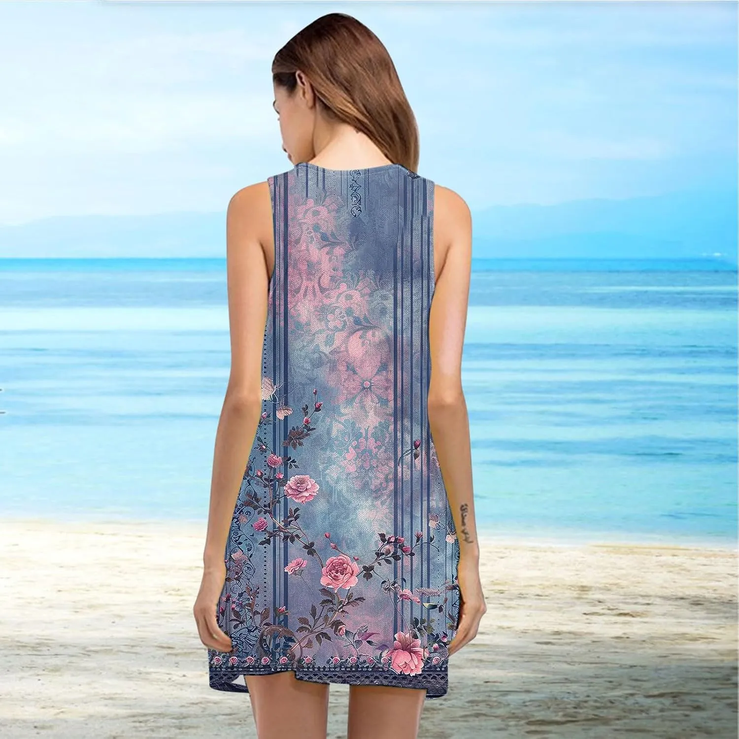 hlysgo Women's Casual Dresses 2025 Summer Sleeveless Crew Neck Mini Dress Ladies A-Line Flowy Beach Sundress with Pockets