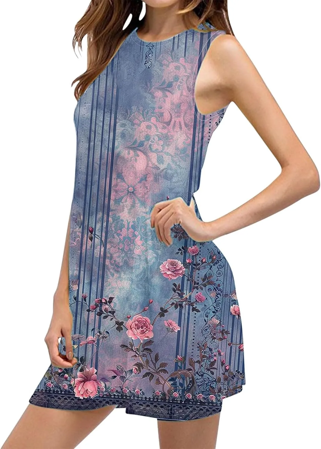 hlysgo Women's Casual Dresses 2025 Summer Sleeveless Crew Neck Mini Dress Ladies A-Line Flowy Beach Sundress with Pockets