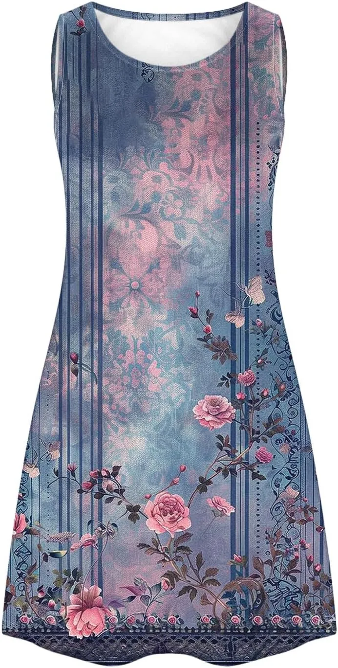 hlysgo Women's Casual Dresses 2025 Summer Sleeveless Crew Neck Mini Dress Ladies A-Line Flowy Beach Sundress with Pockets