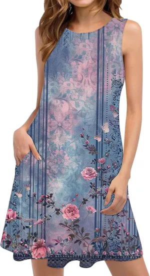 hlysgo Women's Casual Dresses 2025 Summer Sleeveless Crew Neck Mini Dress Ladies A-Line Flowy Beach Sundress with Pockets