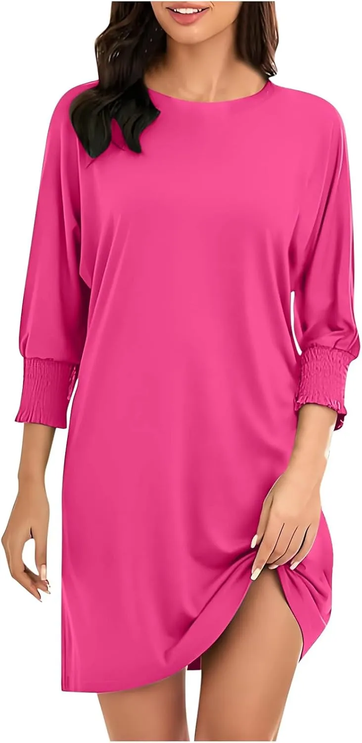hlysgo Womens Summer Dresses 2025 Trendy 3/4 Sleeve Crew Neck Mini Dress Casual Loose Fit Knee Length Dress for Teen Girls