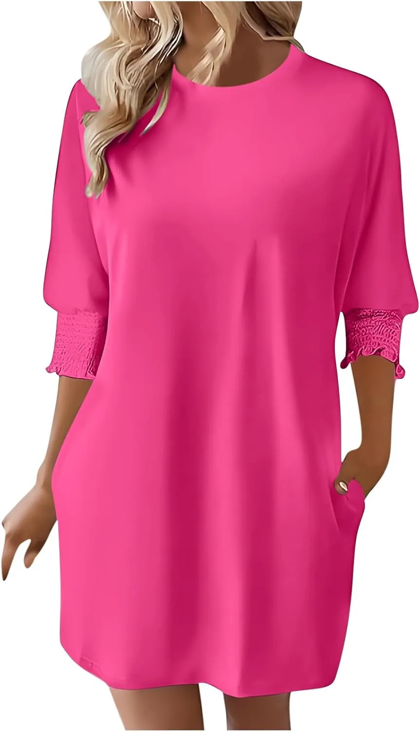 hlysgo Womens Summer Dresses 2025 Trendy 3/4 Sleeve Crew Neck Mini Dress Casual Loose Fit Knee Length Dress for Teen Girls