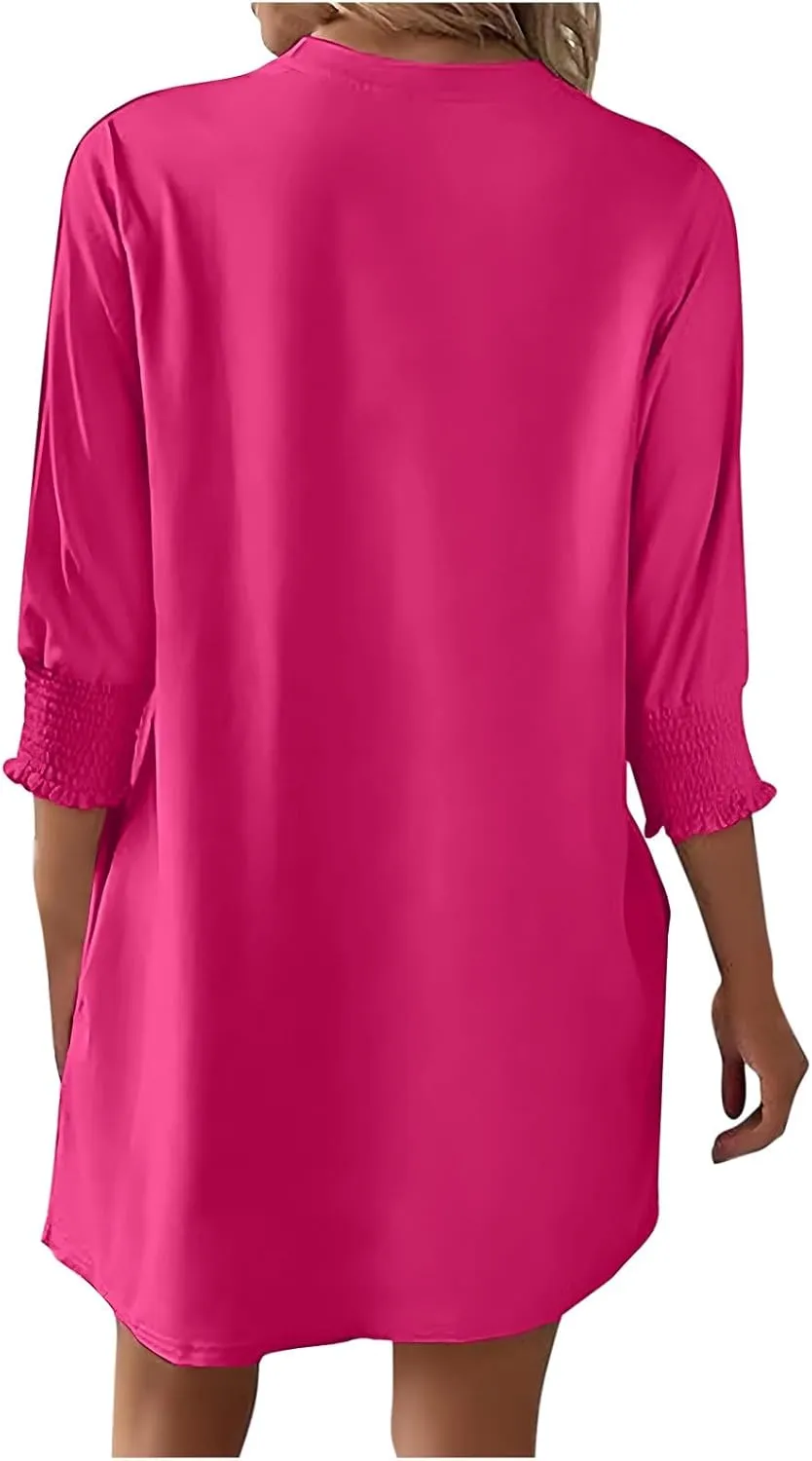 hlysgo Womens Summer Dresses 2025 Trendy 3/4 Sleeve Crew Neck Mini Dress Casual Loose Fit Knee Length Dress for Teen Girls