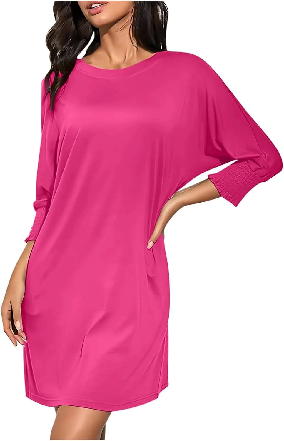 hlysgo Womens Summer Dresses 2025 Trendy 3/4 Sleeve Crew Neck Mini Dress Casual Loose Fit Knee Length Dress for Teen Girls