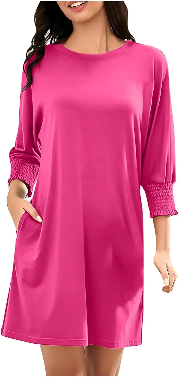 hlysgo Womens Summer Dresses 2025 Trendy 3/4 Sleeve Crew Neck Mini Dress Casual Loose Fit Knee Length Dress for Teen Girls
