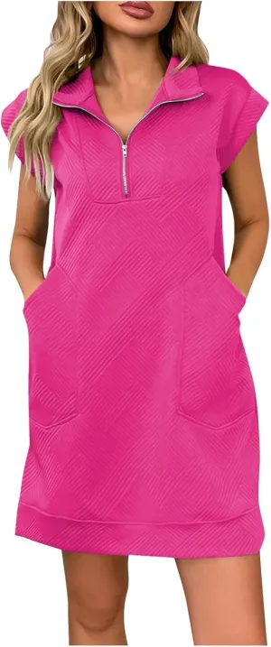 hlysgo Zipper Dresses for Women 2025 Summer Short Sleeve V Neck Mini Dress Cute Ladies Knee Length Casual Dress with Pockets