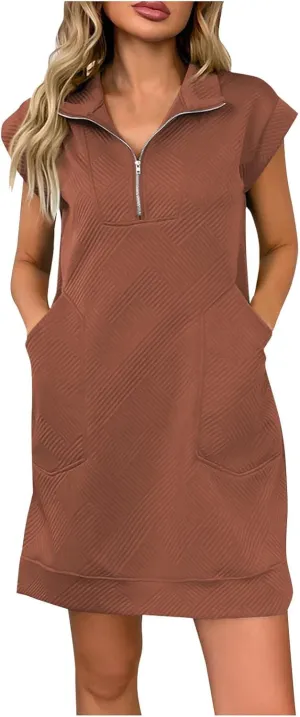 hlysgo Zipper Dresses for Women 2025 Summer Short Sleeve V Neck Mini Dress Cute Ladies Knee Length Casual Dress with Pockets