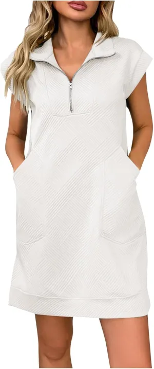 hlysgo Zipper Dresses for Women 2025 Summer Short Sleeve V Neck Mini Dress Cute Ladies Knee Length Casual Dress with Pockets