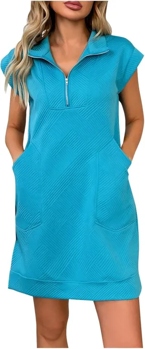hlysgo Zipper Dresses for Women 2025 Summer Short Sleeve V Neck Mini Dress Cute Ladies Knee Length Casual Dress with Pockets