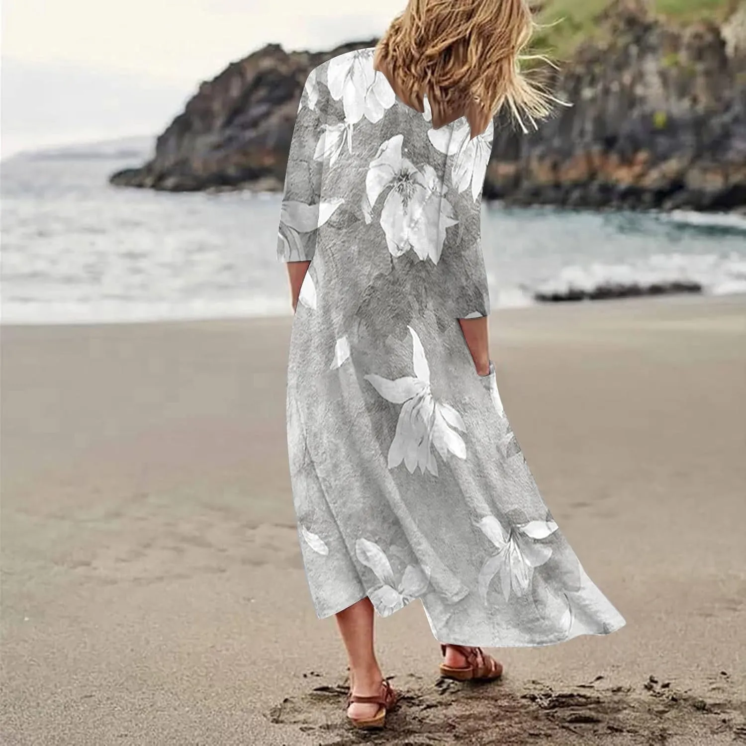 HXHYQKP 3/4 Length Sleeve Plus Size Dresses for Curvy Fall Dresses for Women 2025 Cotton Linen Dress Pocket Dress