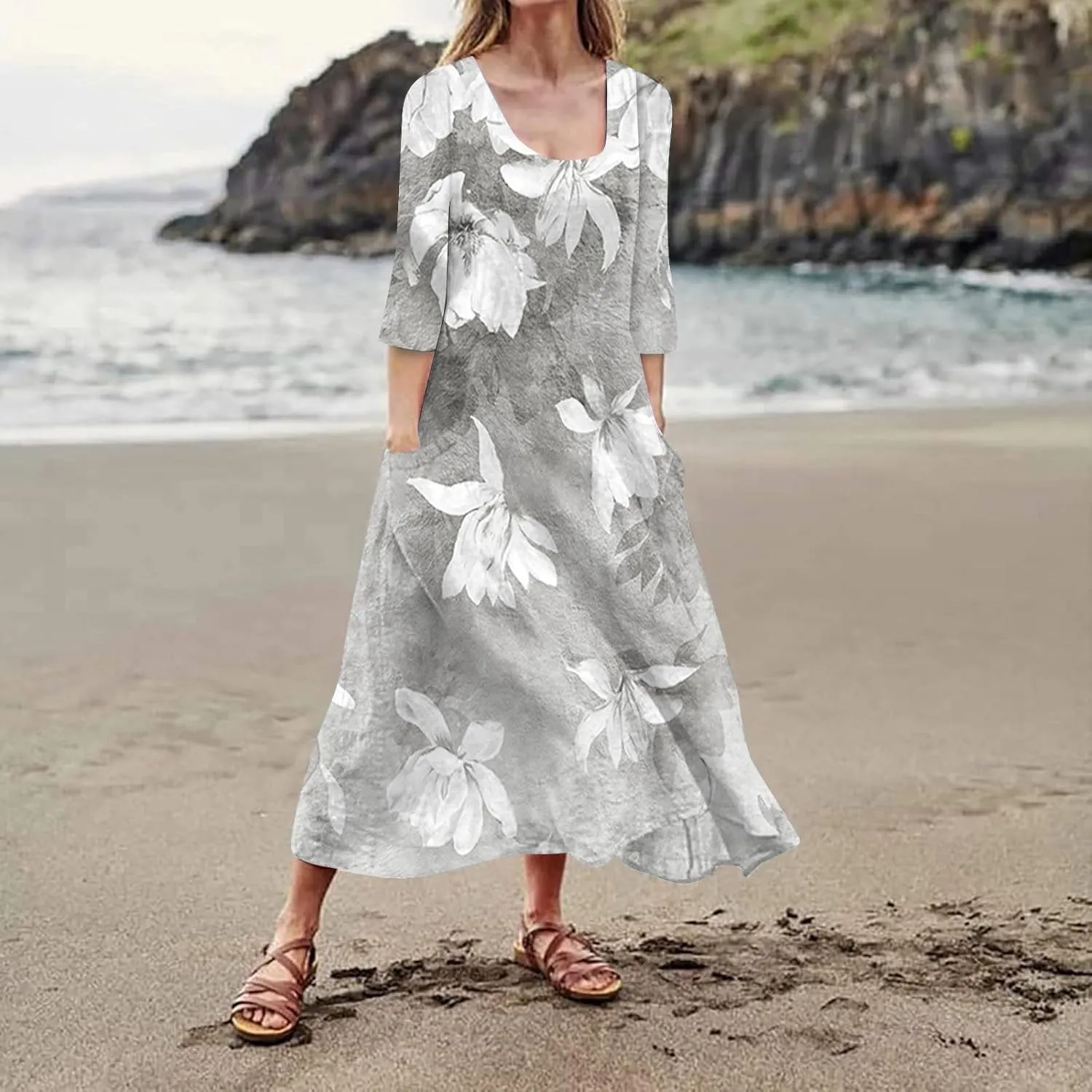 HXHYQKP 3/4 Length Sleeve Plus Size Dresses for Curvy Fall Dresses for Women 2025 Cotton Linen Dress Pocket Dress