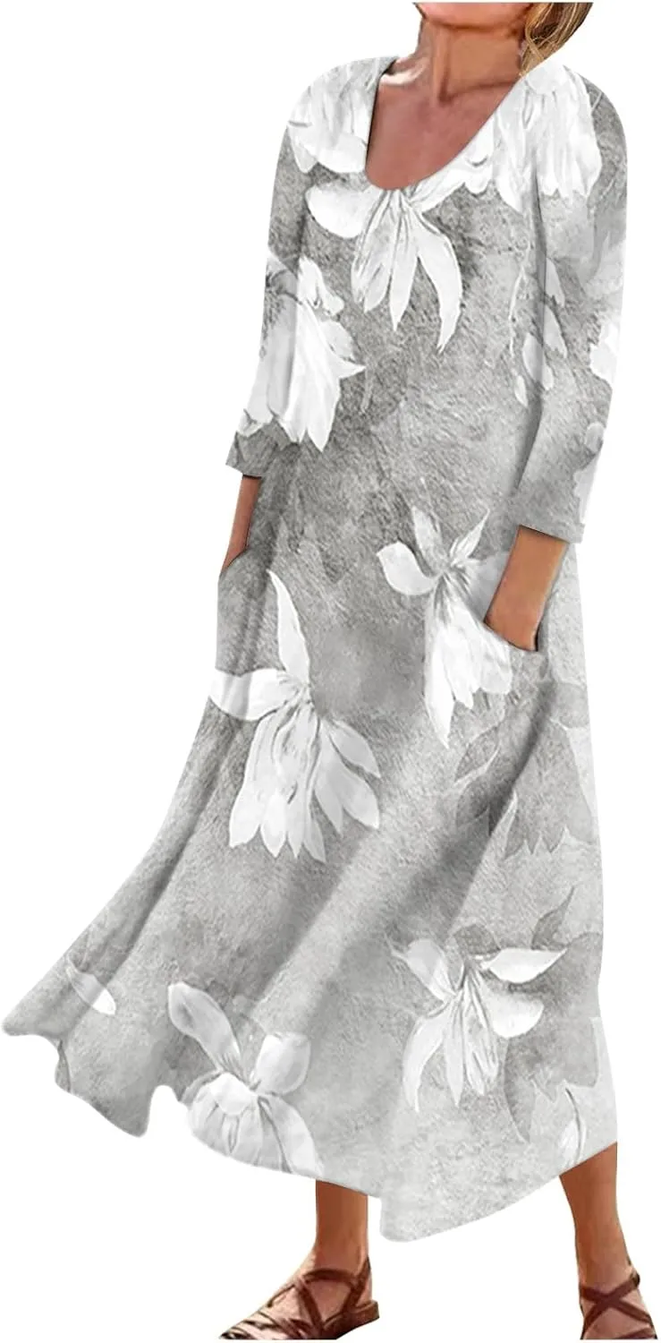 HXHYQKP 3/4 Length Sleeve Plus Size Dresses for Curvy Fall Dresses for Women 2025 Cotton Linen Dress Pocket Dress