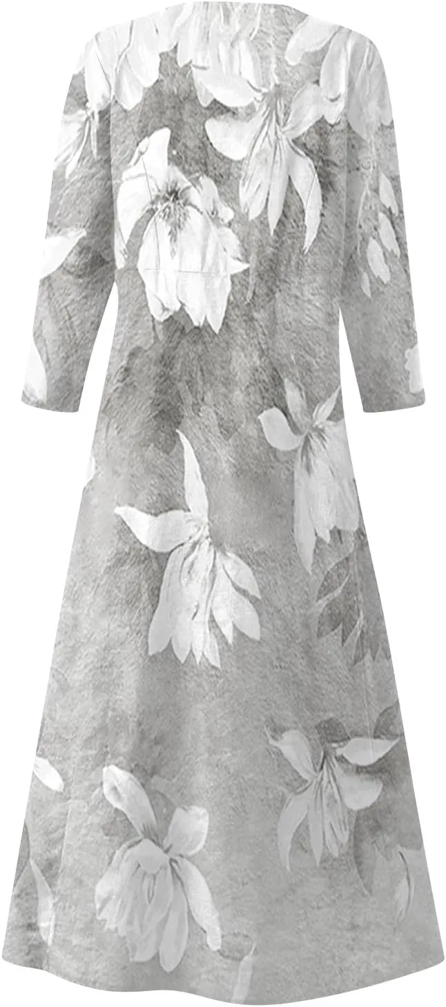 HXHYQKP 3/4 Length Sleeve Plus Size Dresses for Curvy Fall Dresses for Women 2025 Cotton Linen Dress Pocket Dress