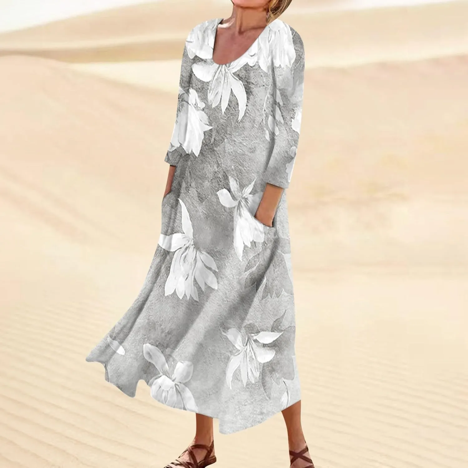 HXHYQKP 3/4 Length Sleeve Plus Size Dresses for Curvy Fall Dresses for Women 2025 Cotton Linen Dress Pocket Dress