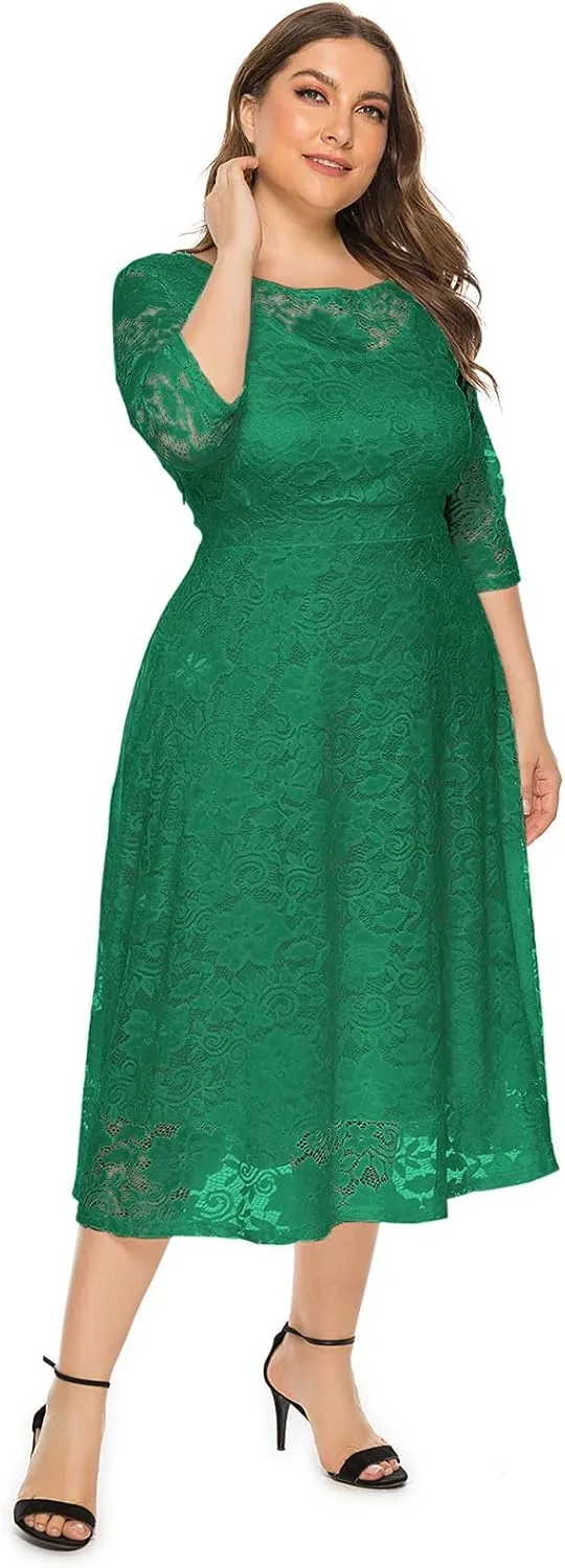 IWEMEK Women Plus Size Floral Lace 3/4 Sleeve Wedding Cocktail Swing Midi Dress with Pockets Casual Evening Party Prom Dress