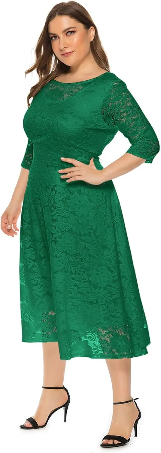IWEMEK Women Plus Size Floral Lace 3/4 Sleeve Wedding Cocktail Swing Midi Dress with Pockets Casual Evening Party Prom Dress