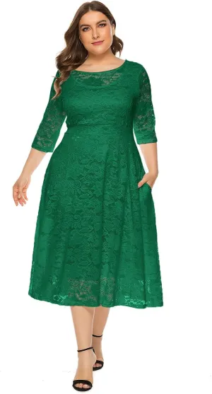 IWEMEK Women Plus Size Floral Lace 3/4 Sleeve Wedding Cocktail Swing Midi Dress with Pockets Casual Evening Party Prom Dress