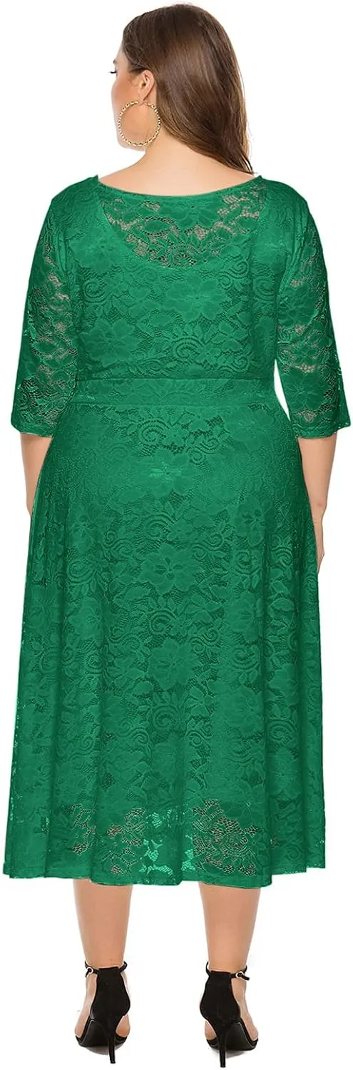 IWEMEK Women Plus Size Floral Lace 3/4 Sleeve Wedding Cocktail Swing Midi Dress with Pockets Casual Evening Party Prom Dress
