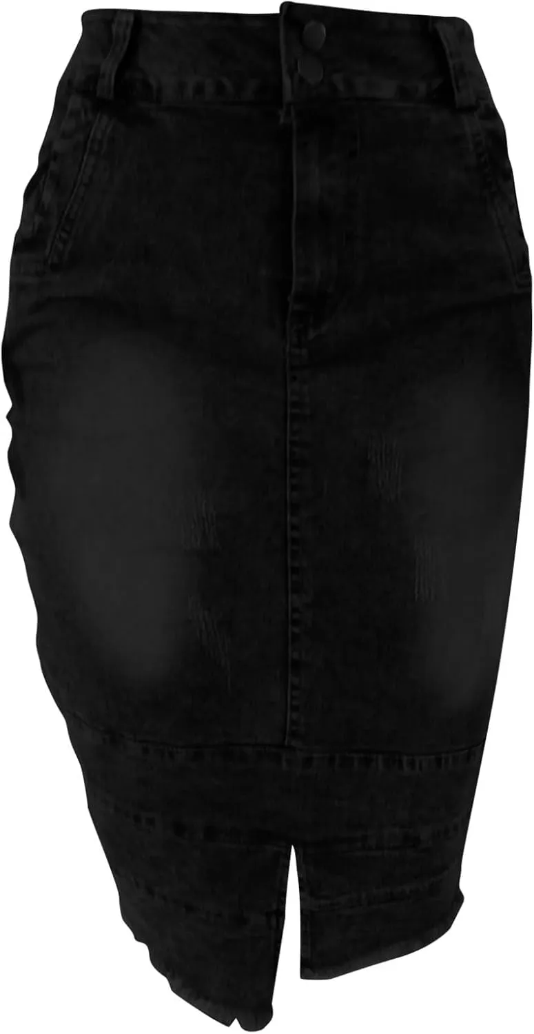 Jean Skirts for Women Patchwork High Low Slit Skirt High Waisted Button Front Denim Skirt Summer Keen Length Skirts