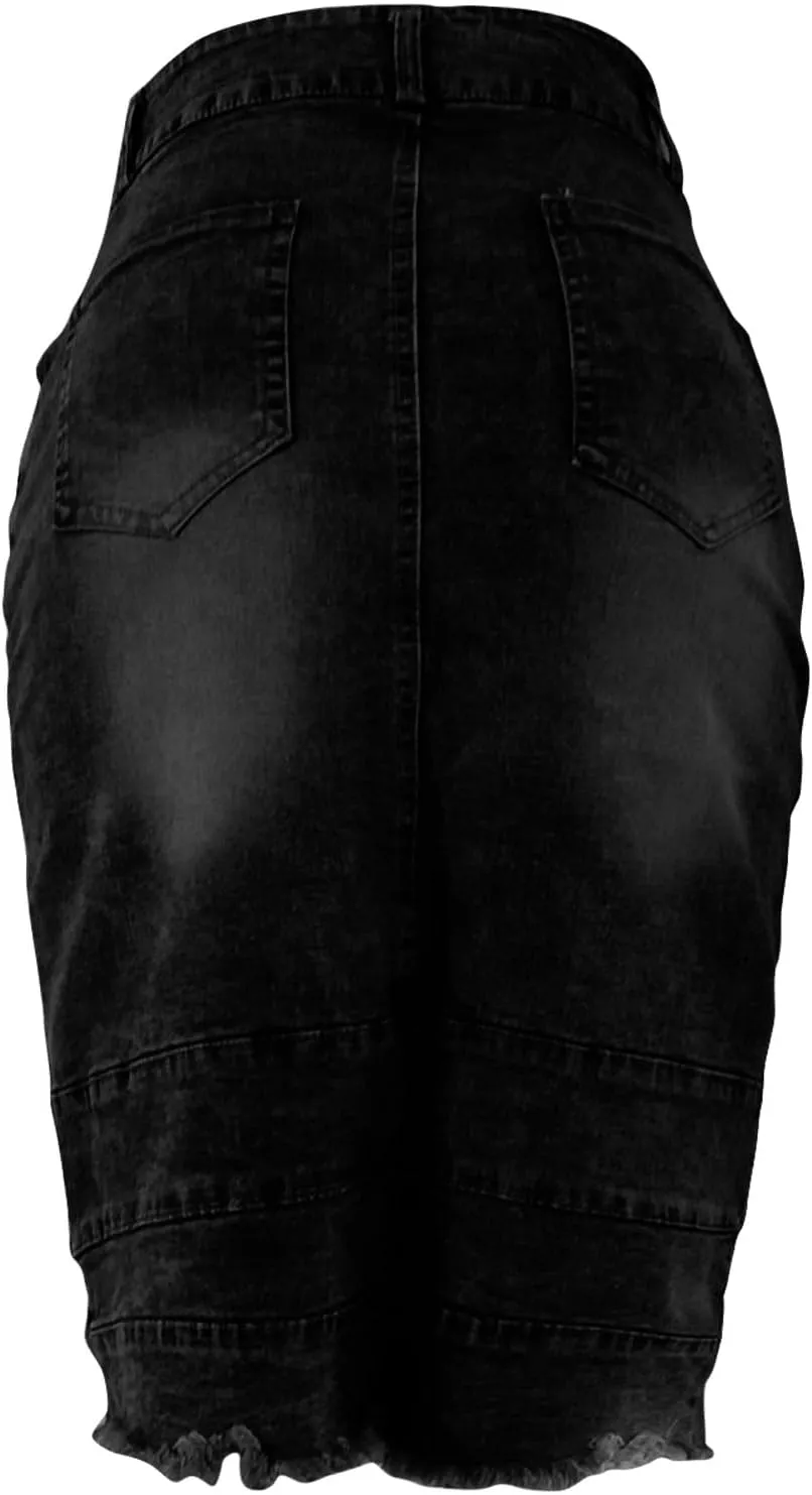 Jean Skirts for Women Patchwork High Low Slit Skirt High Waisted Button Front Denim Skirt Summer Keen Length Skirts