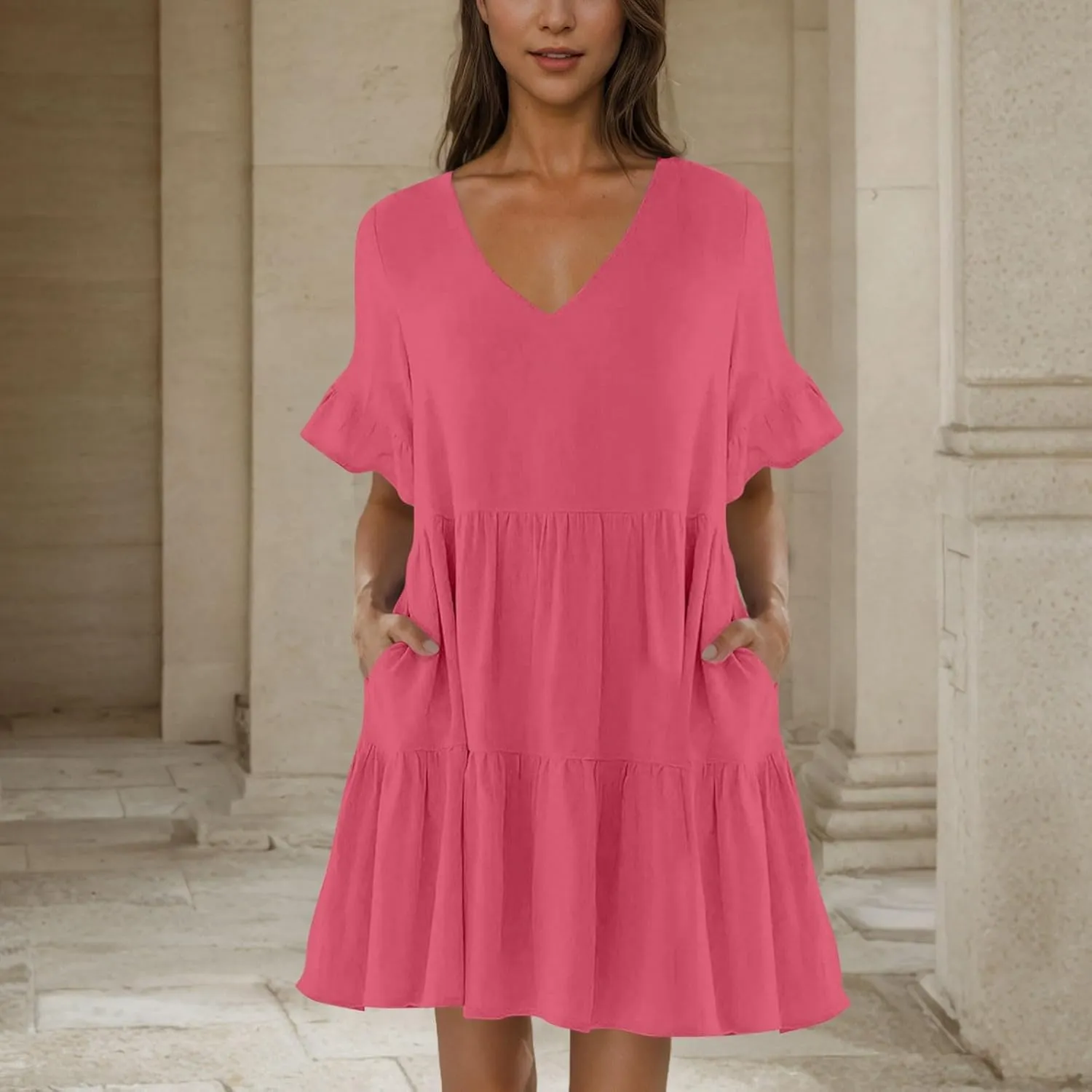 JOAU Dresses for Women Summer 2025 V Neck Short Ruffle Sleeve A Line Tiered Flowy Casual Trendy Mini Beach Dress with Pockets