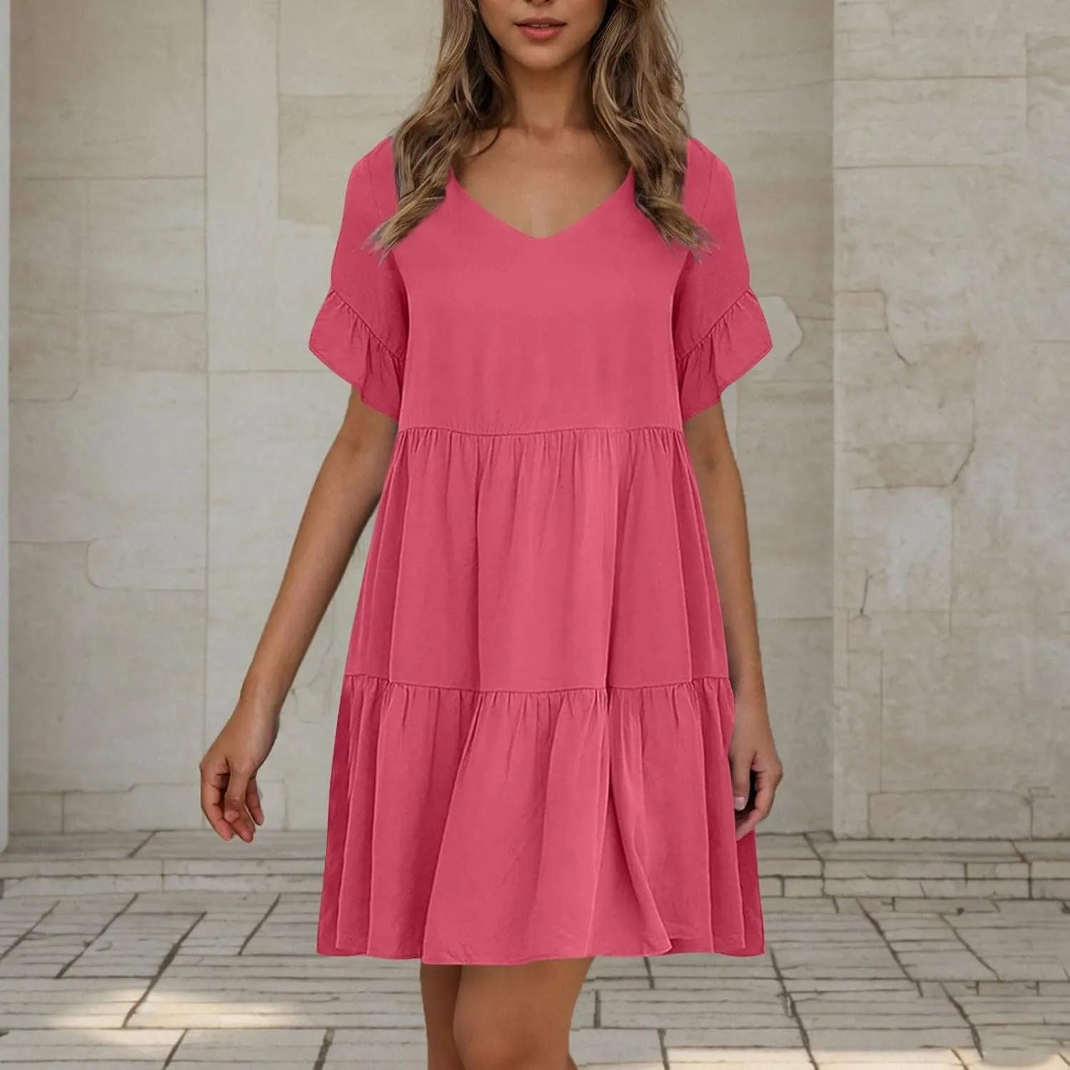 JOAU Dresses for Women Summer 2025 V Neck Short Ruffle Sleeve A Line Tiered Flowy Casual Trendy Mini Beach Dress with Pockets
