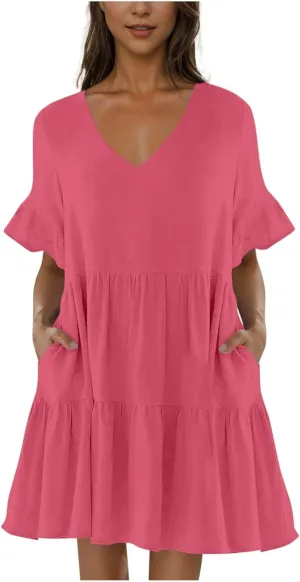 JOAU Dresses for Women Summer 2025 V Neck Short Ruffle Sleeve A Line Tiered Flowy Casual Trendy Mini Beach Dress with Pockets
