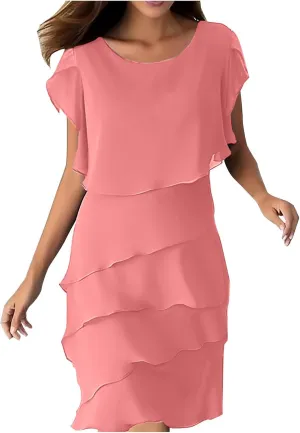 JOAU Layered Chiffon A Line Flowy Midi Dress for Women Elegant Petal Sleeve Crew Neck Wedding Guest Cocktail Party Dresses