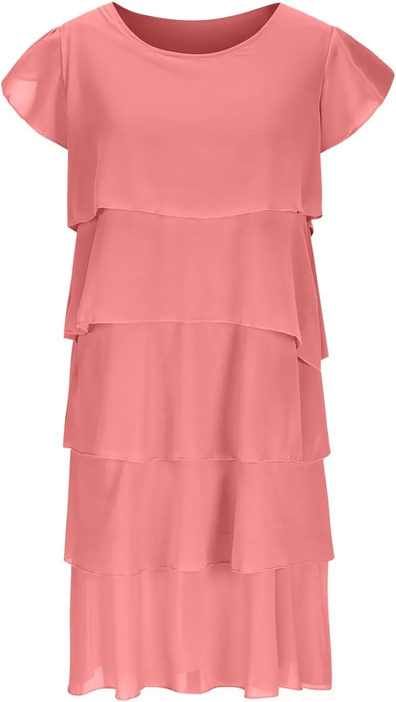 JOAU Layered Chiffon A Line Flowy Midi Dress for Women Elegant Petal Sleeve Crew Neck Wedding Guest Cocktail Party Dresses