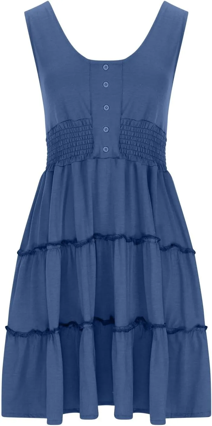 JOAU Women 2024 Summer Beach Dress Casual Sleeveless Crew Neck Sundress Button Smocked Waist Tiered Swing Ruffle Mini Dresses