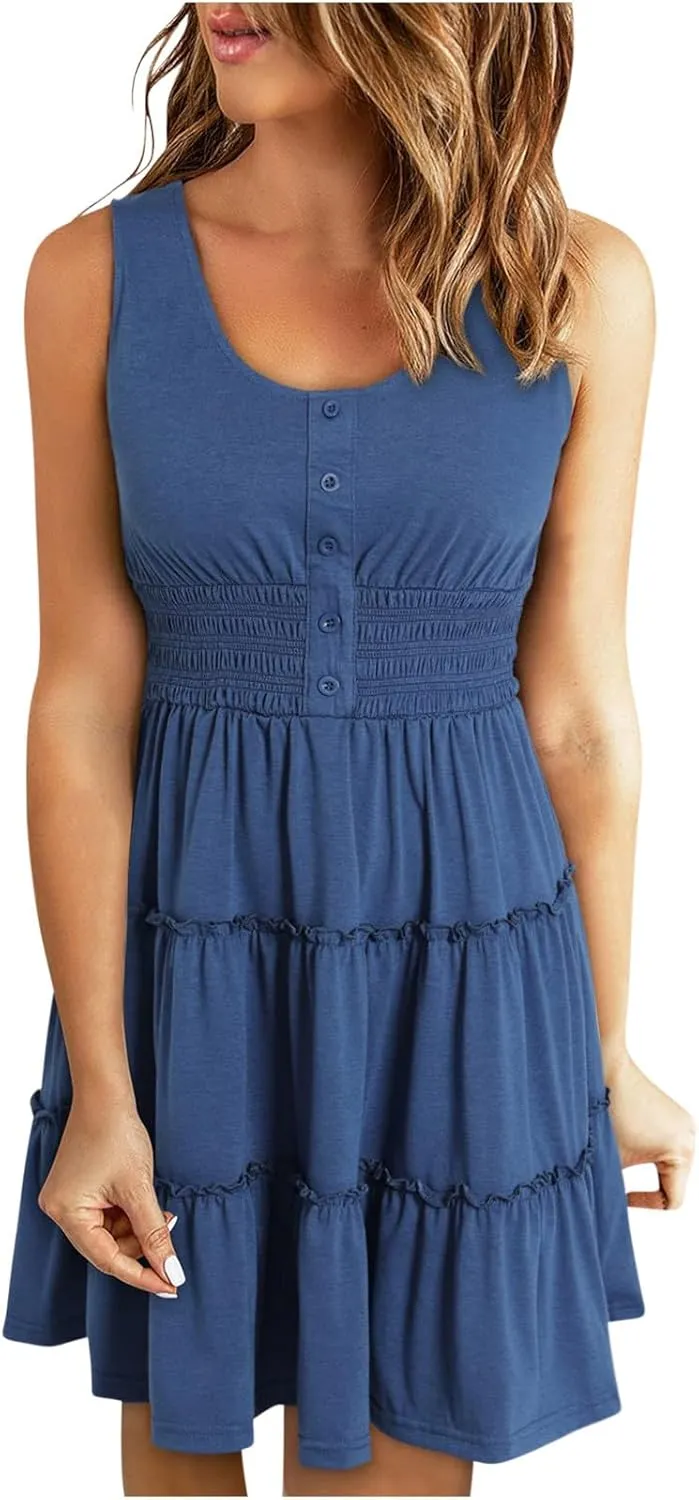 JOAU Women 2024 Summer Beach Dress Casual Sleeveless Crew Neck Sundress Button Smocked Waist Tiered Swing Ruffle Mini Dresses