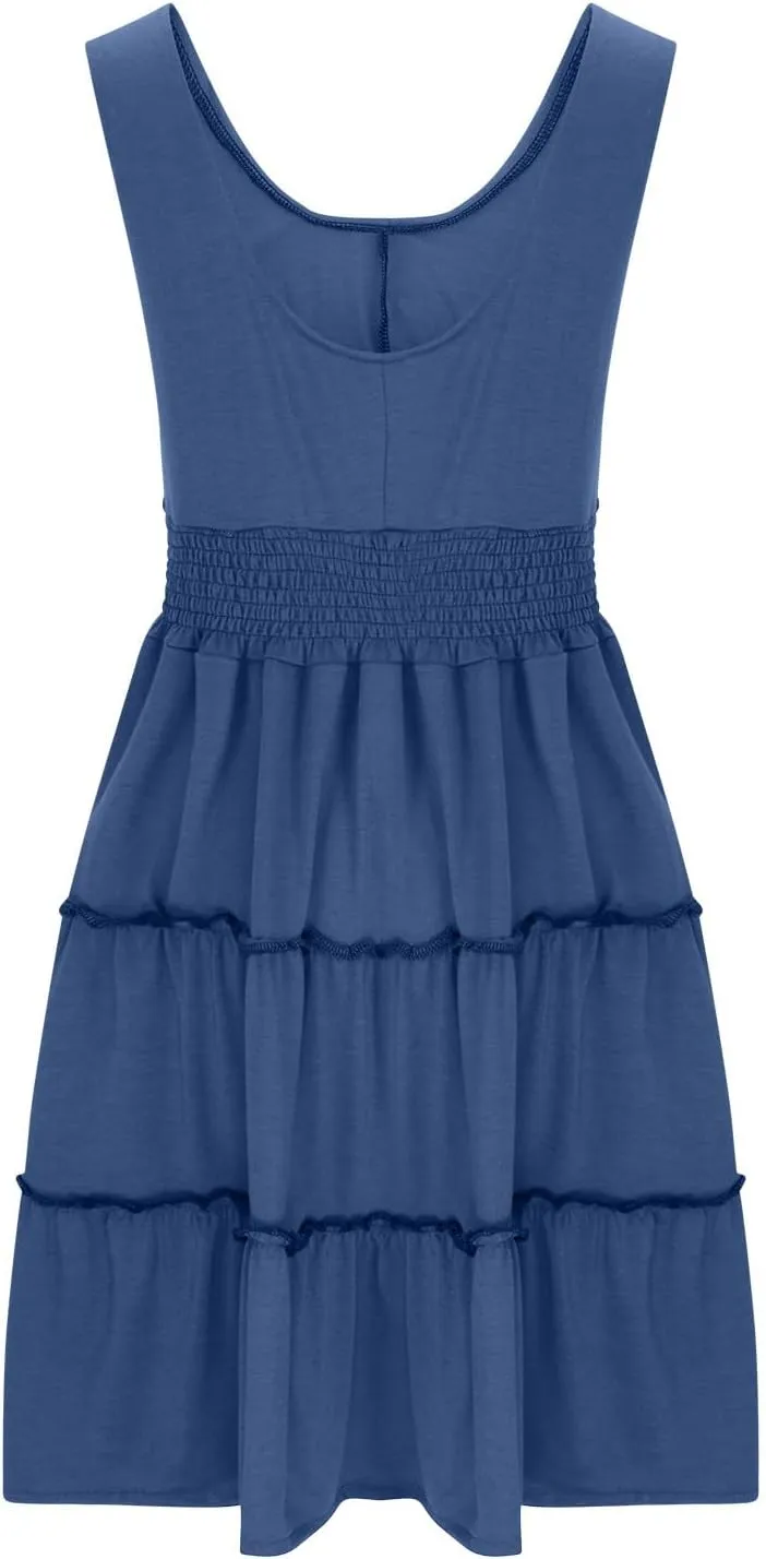 JOAU Women 2024 Summer Beach Dress Casual Sleeveless Crew Neck Sundress Button Smocked Waist Tiered Swing Ruffle Mini Dresses