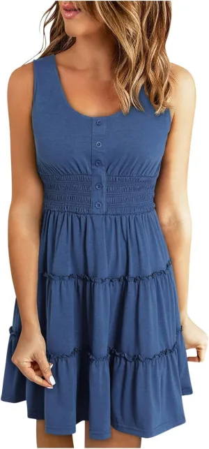 JOAU Women 2024 Summer Beach Dress Casual Sleeveless Crew Neck Sundress Button Smocked Waist Tiered Swing Ruffle Mini Dresses