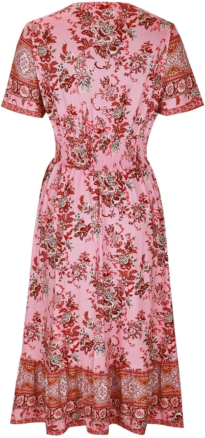 JOAU Women's Boho Floral Print Maxi Dress V Neck Button Smocked Casual Short Sleeve Dresses Summer Flowy Ruffle Beach Dress