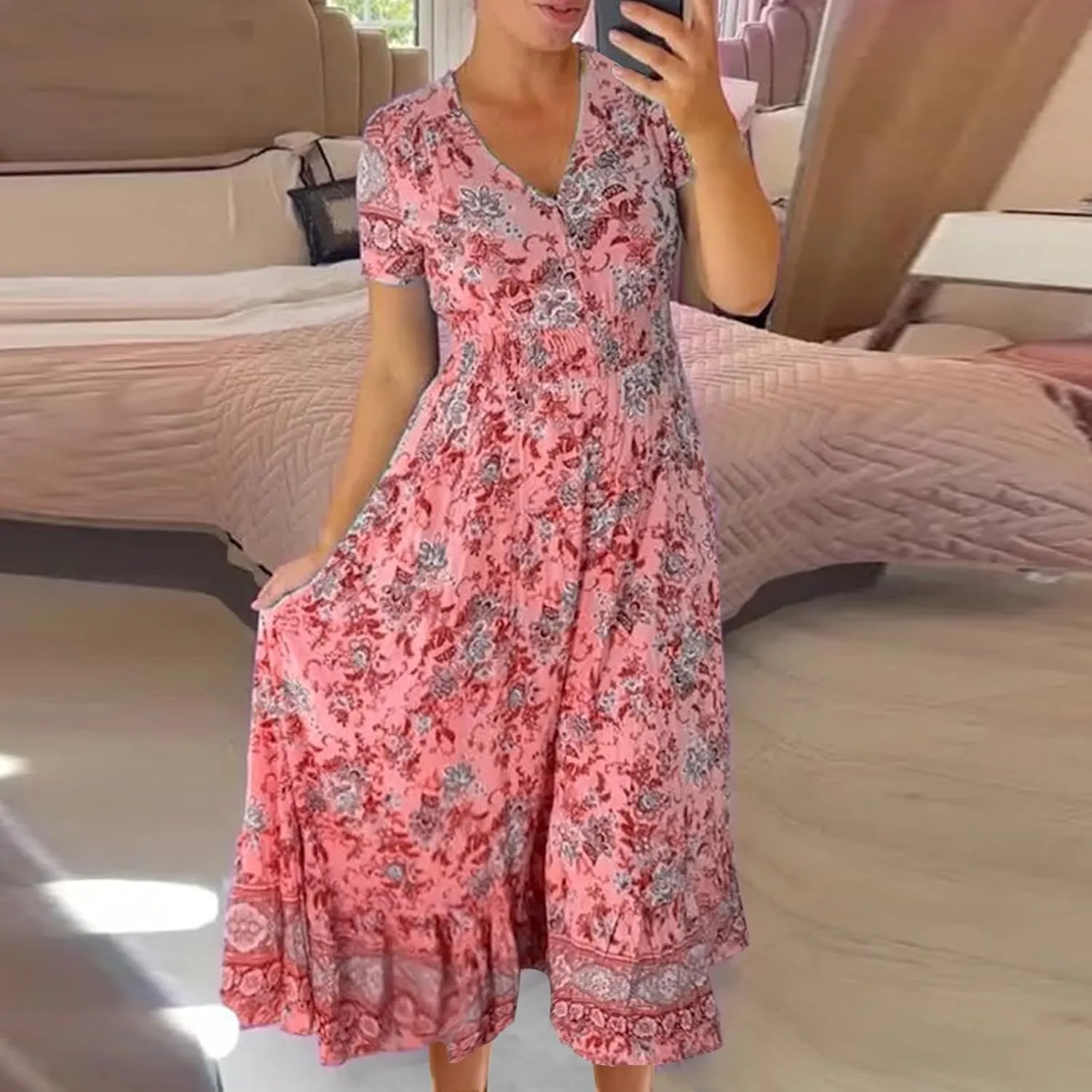 JOAU Women's Boho Floral Print Maxi Dress V Neck Button Smocked Casual Short Sleeve Dresses Summer Flowy Ruffle Beach Dress