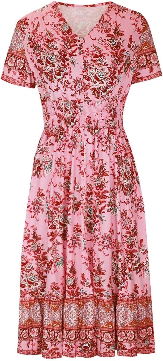 JOAU Women's Boho Floral Print Maxi Dress V Neck Button Smocked Casual Short Sleeve Dresses Summer Flowy Ruffle Beach Dress
