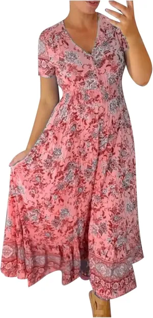 JOAU Women's Boho Floral Print Maxi Dress V Neck Button Smocked Casual Short Sleeve Dresses Summer Flowy Ruffle Beach Dress